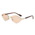 Rimless geometric sunglasses with tinted wood temples and gold metal accents on white background - Gold Frame Light Tea Lens