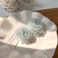 Détail de pinces à cheveux fleurs en maille vert clair avec perles sur assiette blanche - Camélia bleu