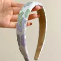 Retro wide floral embroidered headband with purple flowers and green leaves pattern - Wide Jacquard Flower Headband