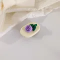 Cream oval hair claw clip with purple resin rose and green leaves floral decoration - Purple Tulip Hair Clip