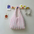 Pink and white striped pleated tote bag with bubble texture and soft slouchy design - White and Pink