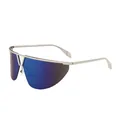 Silver shield wrap sunglasses with blue mirrored lenses and minimalist metal frame - Silver Frame Blue Mirror Lens