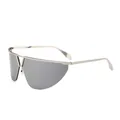 Futuristic oversized shield sunglasses with silver metal frame and dark grey lenses - Silver Frame White Mirror Lens