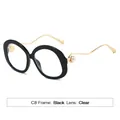 Gafas de sol redondas negras retro con patillas doradas onduladas y detalles de perlas - Montura Negra Lentes Transparentes (C8)