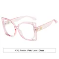Pink transparent square cat eye sunglasses with clear lenses and golden hinge accents - Transparent Pink Frame Clear Lens