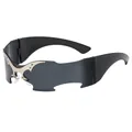 Futuristische randlose Visier Sonnenbrille mit silbernen Fledermausflügeln Dekor - Schwarzer Rahmen Graue Gläser