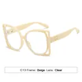 Fashionable large square women's sunglasses with beige frames and clear lenses style C13 - Beige Frame Clear Lens
