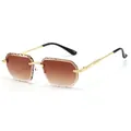 Retro polygon rimless sunglasses with brown gradient diamond-cut lenses and gold frame - Gold Frame Double Tea