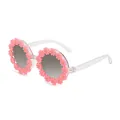 Children's round sunglasses featuring transparent frames and pink daisy flower decorations - Pink