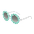 Round frame adult sunglasses featuring light blue daisy floral decor and gradient lenses - Green
