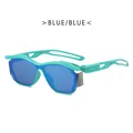 Y2K street punk style futuristic sunglasses with blue wrap lenses and cutout temples - Blue Frame Blue Lens