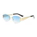 Frameless metal sunglasses with blue gradient lenses and gold frames in 45-degree view - Gold Frame Double Blue Lens