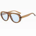 Detail view of vintage oversized sunglasses with translucent brown frames and blue lenses - C5 Transparent Brown Blue Lens