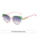 Pink and green round sunglasses with gradient gray lenses and gold hollow metal detail - Pink Frame Gradient Grey