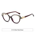 Fashionable wine red cat-eye sunglasses with gold hollowed metal temples and C10 frame - Wine Red Frame Clear Lens
