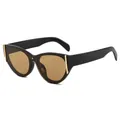 Retro cat-eye sunglasses with glossy black frame and gold metal accents on white background - Black Frame Tea Lens