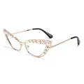 Lunettes de soleil œil-de-chat en métal avec perles blanches et monture dorée, vue de profil - Monture Dorée Verres Blancs