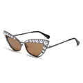 Lunettes de soleil rétro cat-eye en métal gris ornées de perles blanches élégantes - Monture Gris Fusil Lentille Thé Clair