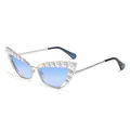 Lunettes de soleil œil de chat en métal, monture argentée, verres bleus et perles - Monture Argent Bleu Dégradé