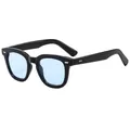 Klassieke vierkante zonnebril met zwart montuur, lichtblauwe glazen en metalen klinknagels - Zwart Frame Blauwe Lenzen