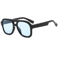 Fashionable square double bridge sunglasses with black frames and light blue lenses - Glossy Black Frame Blue Lens