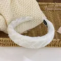 Handmade cream lace sponge headband with floral patterns and a high top design for women - White Grid