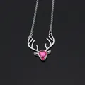Detailed view of silver deer antler necklace featuring a pink heart crystal pendant - Silver & Rose Red