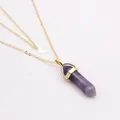 Collier double rang doré avec croissant de lune et cristal hexagonal violet poli - Prisme Hexagonal Violet (Améthyste) / Violet