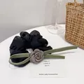 Elegant black organza scrunchie with green ribbon and grey-purple fabric rose - Grey Rose Style / Black