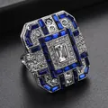 Anello Art Déco in argento con cristalli blu e zirconi bianchi a forma rettangolare - US 6 / Blu