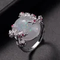 Silver flower branch ring with oval opal gemstone and pink crystal accents - US 6 / Silver