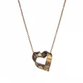 Close-up of bronze heart necklace with ruler measurements on vintage ruler pendant - Antique Gold