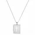 Detailed view of silver cross locket pendant with engraved book design on snake chain - Silver