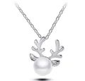 Silver reindeer antler pendant necklace with large round white pearl on O-link chain - Silver Necklace