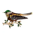 Elegante broche de pájaro con cabeza de esmalte verde y cristales en rama dorada - Verde
