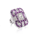 Art Deco square ring with large clear center stone and purple rhinestones in silver finish - Purple / US 6