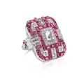Luxury silver-plated ring with large rectangular pink crystals and micro-pave zircons - Red / US 6