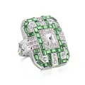 Art Deco square cocktail ring in silver with green emerald stones and white zircon - Green / US 6