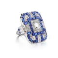 Art Deco silver ring with large rectangular blue crystal and sparkling zircons - Blue