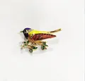 Broche de pájaro dorado con esmalte colorido y detalles de cristal en rama - Púrpura