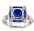 Bague Art Déco en argent avec grand saphir bleu taille carrée et détails en micro-pavage - US 6 / Bleu