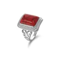 Vintage silver ring with rectangle red stone featuring intricate filigree openwork design - US 6 / Red