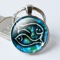 Pisces zodiac silver keychain with fantasy glass cabochon showing a double fish totem - Dark Blue Pisces Symbol (9)