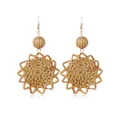 Bohemian rattan woven sunflower drop earrings with wooden bead and gold hooks - Coffee