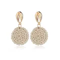 Bohemian style shell earrings with golden metal studs and round handmade woven pendants - Gold and Creamy White