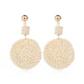 Bohemian geometric woven drop earrings with wood cube and golden metal stud detail - Beige Woven Wood Patchwork Style