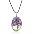 Collier cristal ovale avec fleurs séchées mauves et pendentif sur corde tressée brune - Violet