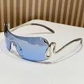 Occhiali da sole Y2K a mascherina blu senza montatura con stanghette a serpente in argento - Montatura Argento Lente Blu