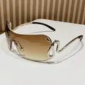 Frameless shield sunglasses with brown gradient lenses and silver snake-shaped temples - Silver Frame Gradient Tea Lens