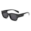 Retro black rectangular sunglasses with grey lenses and gold rivet accents on wide temples - Black Frame Grey Lens